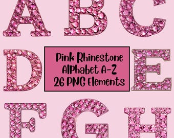 Rhinestone Alphabet PNG, Faux Rhinestone Clipart, Alphabet Clipart, Rhinestone Patch PNG, Printable Alphabet Font Bundle, Pink Rhinestones
