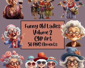 Funny Old Ladies Clipart, Elderly Clipart, Cute Grandma, Old Ladies PNG Bundle, Cheerful Old Lady, Funny Old People, Sublimination