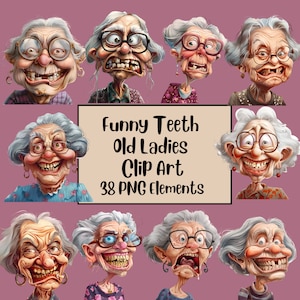 Lustige alte Damen Clipart, ältere Menschen Clipart, süße Oma, alte Damen PNG Bundle, fröhliche alte Dame, lustige alte Menschen, lustige Zähne