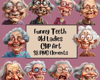 Drôle vieilles dames Clipart, Clipart personnes âgées, mignonne grand-mère, vieilles dames PNG Bundle, joyeuse vieille dame, personnes âgées drôles, dents drôles