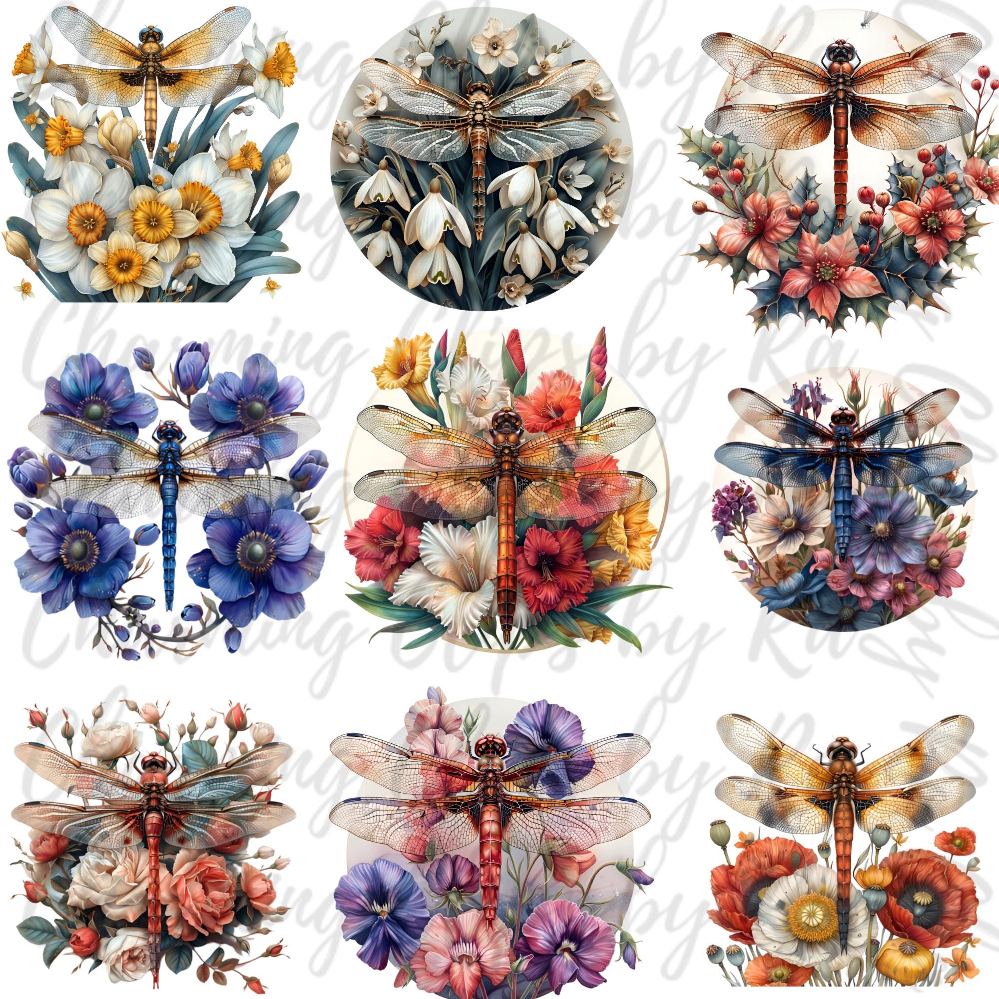 Dragonfly Floral Birthflower Clipart Sublimations Bundle, Insect PNG ...