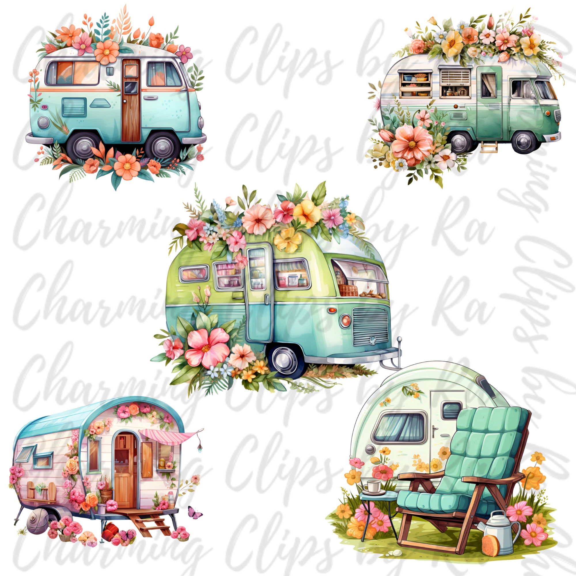 Camper PNG Bundle, Spring Floral, Cottagecore Clipart, Spring House ...