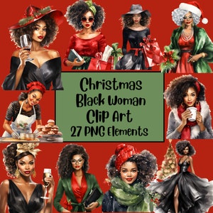 Modische schwarze Frau Clipart, schwarze Frau Weihnachten Clipart, Weihnachten Clipart Element, Weihnachten Freund Clipart, schön kurvig