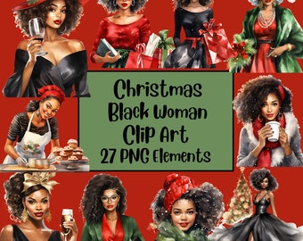 Modische schwarze Frau Clipart, schwarze Frau Weihnachten Clipart, Weihnachten Clipart Element, Weihnachten Freund Clipart, schön kurvig
