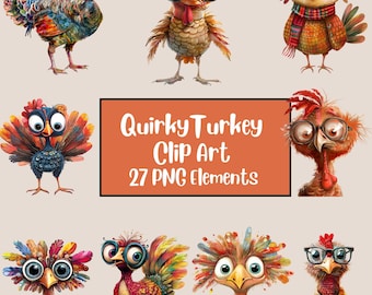 Puede incluir: Un conjunto de 27 imágenes de clip art de pavos extravagantes. Los pavos están ilustrados en varias poses y llevan gafas, bufandas y otros accesorios. Las imágenes están en formato PNG.