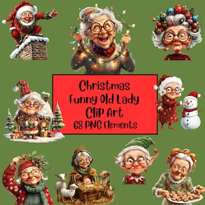 Lustige alte Damen Weihnachtscliparts, ältere Clipart, süße Oma, alte Damen PNG Bundle, fröhliche alte Dame, lustige alte Leute, Sublimation