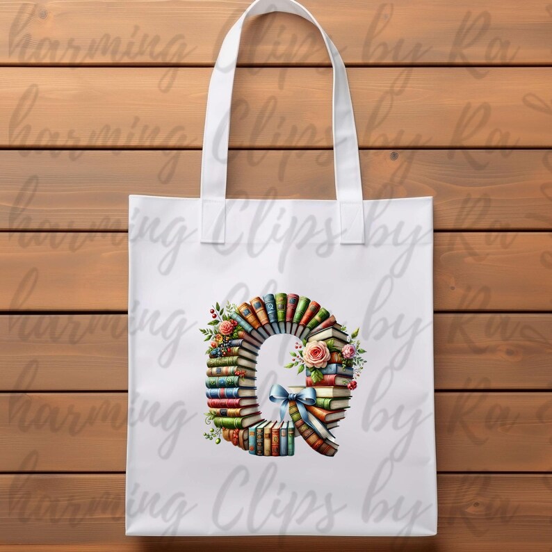 May include: White tote bag with a design of the letter Q made from stacked books. The books are in various colors and have floral accents. The text "ing Clips by" is printed on the bag.