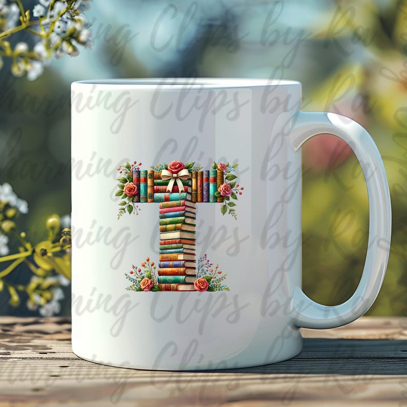 May include: White ceramic mug with a colorful illustration of the letter "T" made from a stack of books with floral accents.