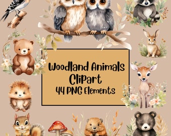 Woodland Animals Clipart Watercolor, Cuteness Woodland Animal, Woodland Baby Shower, Baby Animal PNG, Bundle, Sublimination, Nursery Decor