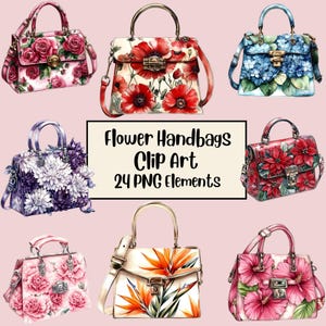 Ensemble de fleurs sacs à main aquarelle Clipart, sac à main floral PNG Transparent, téléchargement numérique, sac à main accessoire fabrication de cartes, journalisation indésirable