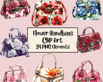 Conjunto de clipart de aquarela de bolsas de flores, bolsa floral transparente PNG, download digital, criação de cartão de acessório de bolsa, diário de lixo