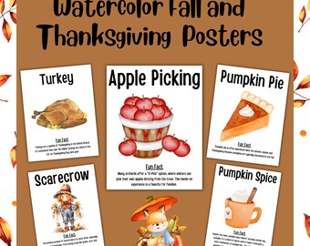 Watercolor Fall Thanksgiving Posters with Fun Facts, Montessori, Learning materials, Flashcards, Montessori cards, Preschool printable