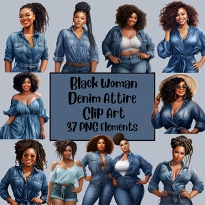 May include: A digital illustration set of 37 PNG clip art elements featuring Black women in various denim outfits. The women are depicted in different poses and styles, wearing jeans, jackets, shirts, and dresses. The illustrations are perfect for creating digital designs, social media graphics, and more.