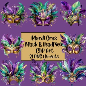 Karneval Maske und Kopfschmuck Aquarell Clipart PNG Bundle, Karneval Clipart, Faschingsdienstag, Königskuchen, Sublimation, Scrapbooking, Tumbler