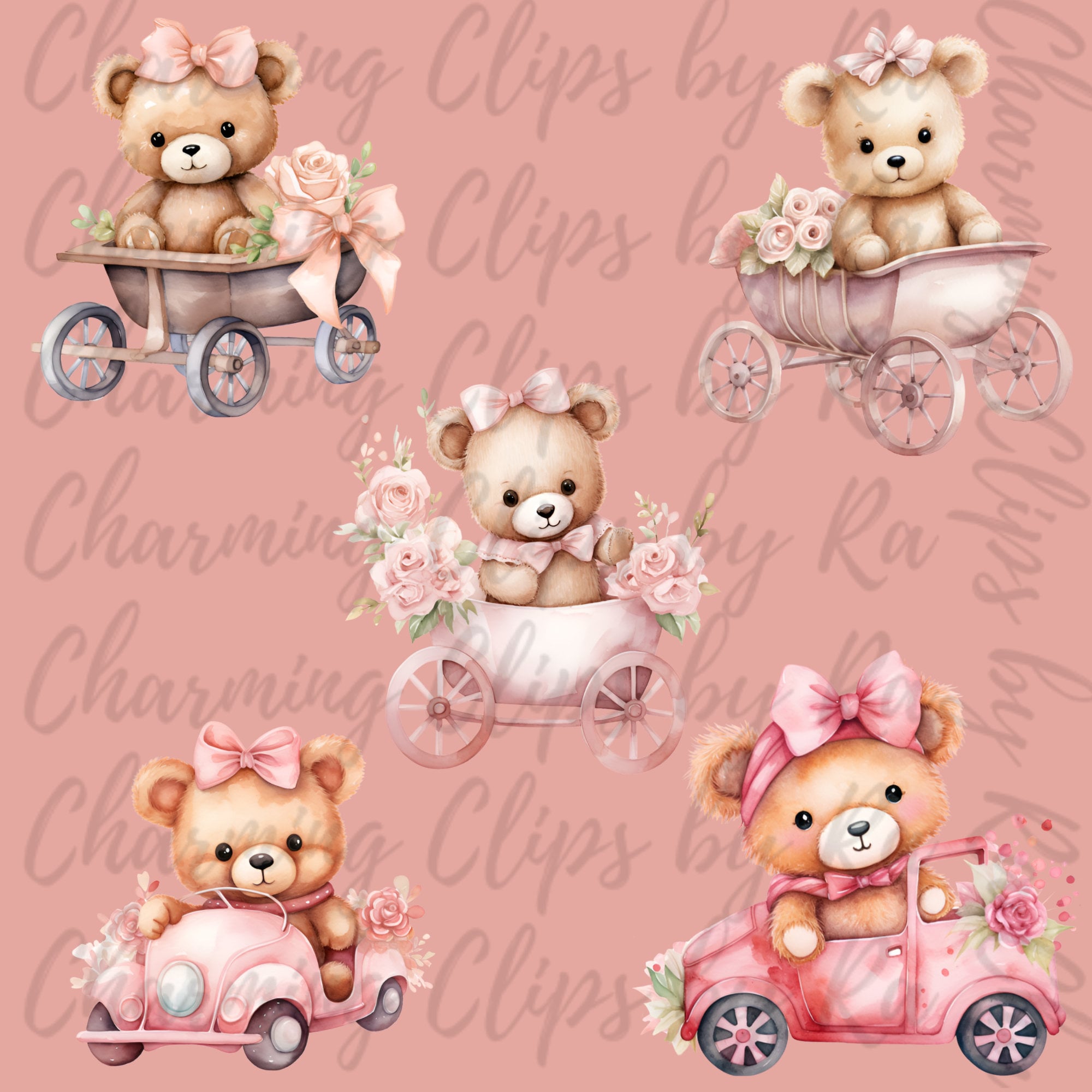 Teddy Bear Clipart Bundle, Girl Baby Shower PNG, Cute Pink Boho Teddy ...