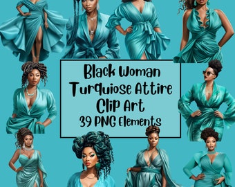 Modna Czarna Kobieta Clipart, Damska Moda Clipart, Piękna Krągła Czarna Kobieta Turkus PNG, Afro Bun, Czarny-clipart, Szefowa Kobieta,