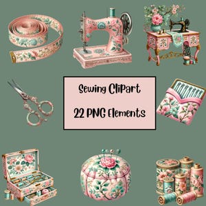 Watercolor Sewing Clipart Bundle, Vintage Sewing Machine Graphics, Shabby Chic, Floral PNG, Craft Supplies, Cottagecore Sewing Clipart