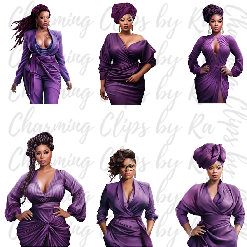 Op de afbeelding: Zes digitale illustraties van vrouwen in paarse outfits. De vrouwen hebben verschillende kapsels en accessoires. De tekst "Charming Clips by" wordt herhaald in de hele afbeelding.