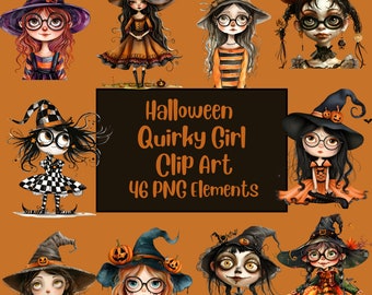 Halloween-Mädchen-Cliparts, verspielte digitale Papierpuppen (46 PNG)