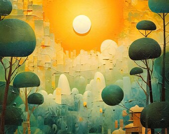 AltoGrove at ApexSolar - Forest Sanctuary Art Print, Geometric Sunrise Landscape, Abstract Nature Art Print, Vibrant Wall Decor, Home Decor