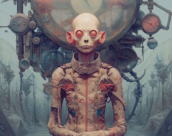 Vave-12 - Biomechanical Being Art Print, Post-Apocalyptic Sci-Fi Poster, Cybernetic Fantasy Wall Art, Dark Future Illustration
