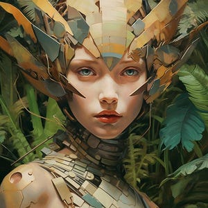 Ägis Seraphine - Cybernetic Warrior Girl in Nature, Sci-Fi Art Print, Organic Beauty Futuristic Art, Perfect for Modern Wall Decor
