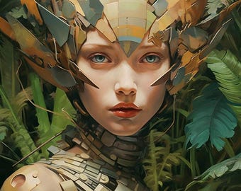 Ägis Seraphine - Cybernetic Warrior Girl in Nature, Sci-Fi Art Print, Organic Beauty Futuristic Art, Perfect for Modern Wall Decor