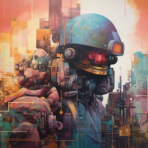 Futurestate - Impressão de parede de soldado urbano, decoração de casa futurista, arte cibernética, arte digital pôster de ficção científica futurista, arte de parede de robô