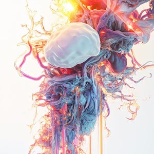 Könnte beinhalten: Abstrakte digitale Kunst mit einem weißen, gehirnförmigen Objekt, das von wirbelnder, farbenfroher und strukturierter Farbe umgeben ist. Die Farbe scheint in Streifen verschiedener Farben herunterzutropfen.