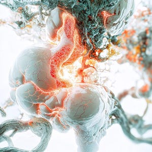 Könnte beinhalten: Abstrakte digitale Kunst mit einer weißen, organischen, strukturierten Form mit einem leuchtend orangefarbenen Zentrum. Die Form ist von einem wirbelnden, blaugrünen, strukturierten Hintergrund umgeben.