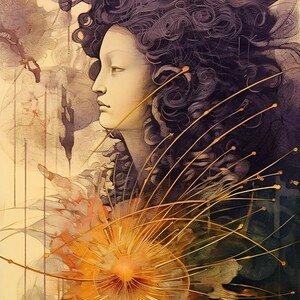 Puede incluir: Una pintura de acuarela de una mujer con cabello largo y oscuro y un rostro delicado. Está rodeada de una explosión de flores amarillas doradas con tallos largos y delgados.