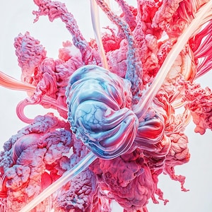 Könnte beinhalten: Abstrakte digitale Kunst mit einer wirbelnden, organischen Form in einem rosa-blauen Farbschema. Die Form scheint aus Flüssigkeit oder Rauch zu bestehen und ist vor einem weißen Hintergrund platziert.