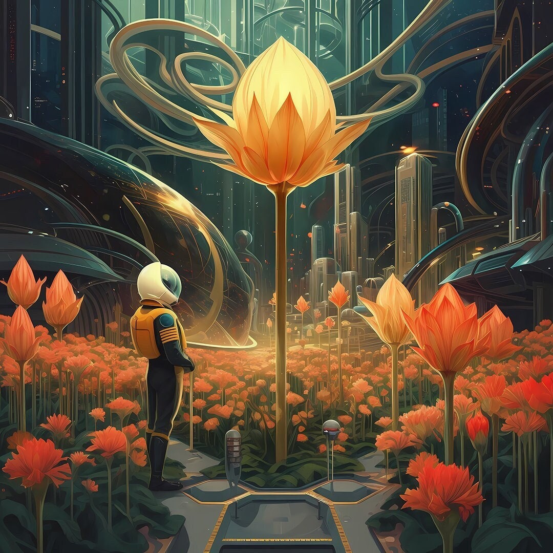 Nostalya - Futuristic City Art Print, Astronaut and Giant Flowers Poster, Sci-Fi Urban Landscape, Space Botanical Wall Art, Fine Art Poster