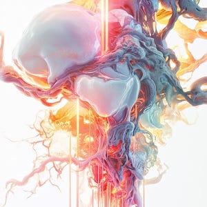 Könnte beinhalten: Abstrakte digitale Kunst mit einer wirbelnden, organischen Form in Blau-, Rosa- und Orangetönen. Die Form ist von dünnen, vertikalen Lichtlinien in verschiedenen Farben umgeben.