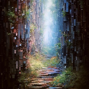 Silvatronics Trail - Unique Pixel Art Print, Tech Forest Wall Decor, Futuristic Nature Wall Art for Modern Spaces