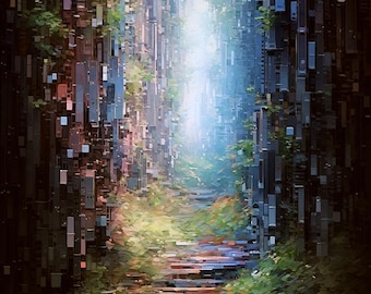 Silvatronics Trail - Unique Pixel Art Print, Tech Forest Wall Decor, Futuristic Nature Wall Art for Modern Spaces