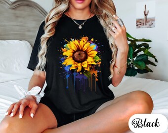 dripping sunflower shirt, sunflower gifts, Floral tee shirt, Sunshine, women's Fall shirt, trending, inspirational shirt, rainbow sunflower