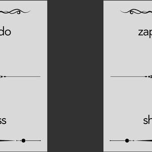 May include: Two flashcards with Spanish and English words for "dress" and "shoes". The Spanish words are "vestido" and "zapatos".