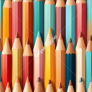 May include: A vibrant, close-up image of a collection of colorful pencils arranged vertically. The pencils display a range of hues, including red, orange, yellow, teal, and brown. The text "BargainSupplier" is visible on the pencils.