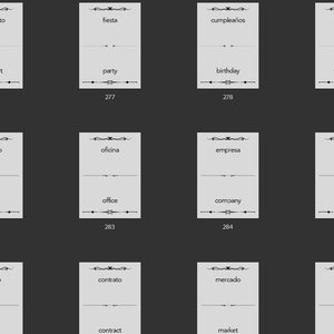 May include: A black and white graphic with Spanish and English words for different events, occasions, and work-related situations. The words are organized in columns with a decorative border around each word.