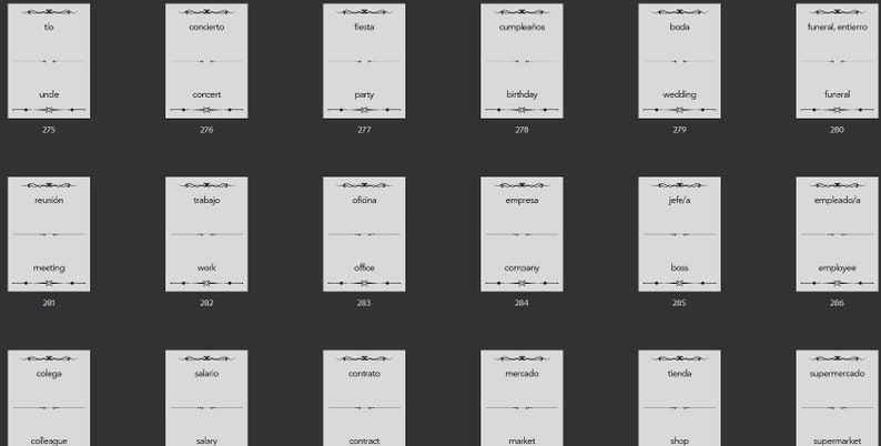 May include: A black and white graphic with Spanish and English words for different events, occasions, and work-related situations. The words are organized in columns with a decorative border around each word.