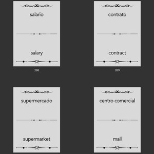 May include: A set of eight flashcards with Spanish and English translations of common words. The words are: colleague, salary, contract, market, shop, supermarket, mall, and clothes.