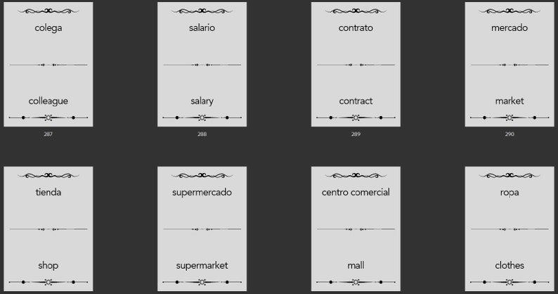 May include: A set of eight flashcards with Spanish and English translations of common words. The words are: colleague, salary, contract, market, shop, supermarket, mall, and clothes.