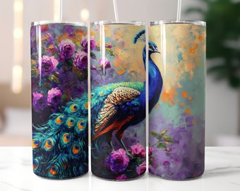 Peacock Tumbler Wrap Fine Art 20 oz Skinny Tumbler Sublimation Design Download digital PNG instantâneo, Peacock Tumbler PNG Fine Art Tumbler