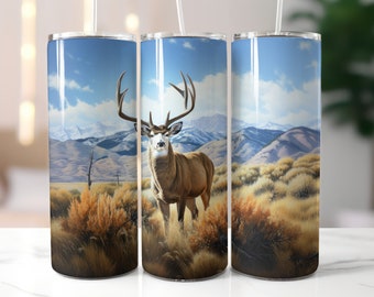 Copo de caça de veado envoltório ao ar livre 20 onças Skinny Tumbler Sublimation Design Download digital PNG instantâneo, Mule Deer Tumbler Hunting PNG