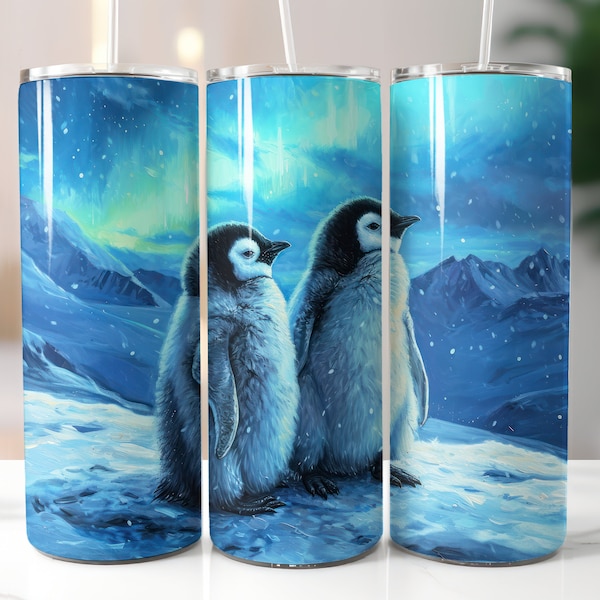 Baby Penguin Tumbler Wrap 20 oz Skinny Tumbler Sublimation Design Digital Download PNG Instant Northern Lights Penguins Design Christmas PNG