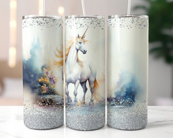Copo Unicórnio Brilhante Branco Envoltório 20oz Tumbler Skinny Sublimação Design Download Digital PNG Design Instantâneo Presente Unicórnio Branco Unicórnio PNG
