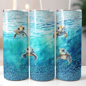 Sea Turtle Tumbler Wrap 20oz Skinny Tumbler Sublimación Diseño Beach Life Tumbler Descarga digital PNG Tropical Sun Glitter Turtle PNG Regalo
