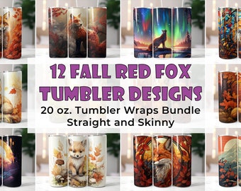 Pacote de embrulho de copo Fall Fox, design de sublimação de copo fino de 20 oz Download digital PNG instantâneo, designs de copo Fall Red Fox Red Fox PNG