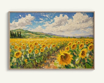 Arte de parede de campo de girassol, decoração para impressão, arte de parede para download digital, decoração de parede, arte de parede floral, decoração de escritório, arte de parede de girassol